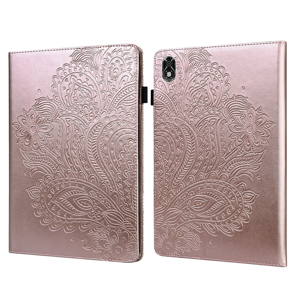 For Lenovo Legion Y700 Elastic Band Anti-fall Imprinting Flower Card Slots Stand Design PU Leather Tablet Cover Case - Rose Gold