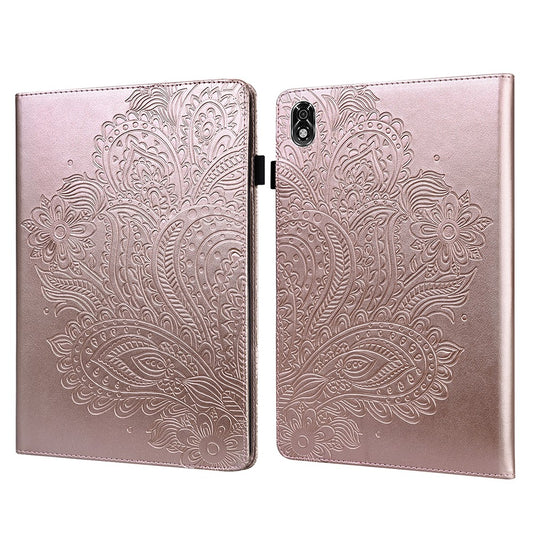 For Lenovo Legion Y700 Elastic Band Anti-fall Imprinting Flower Card Slots Stand Design PU Leather Tablet Cover Case - Rose Gold