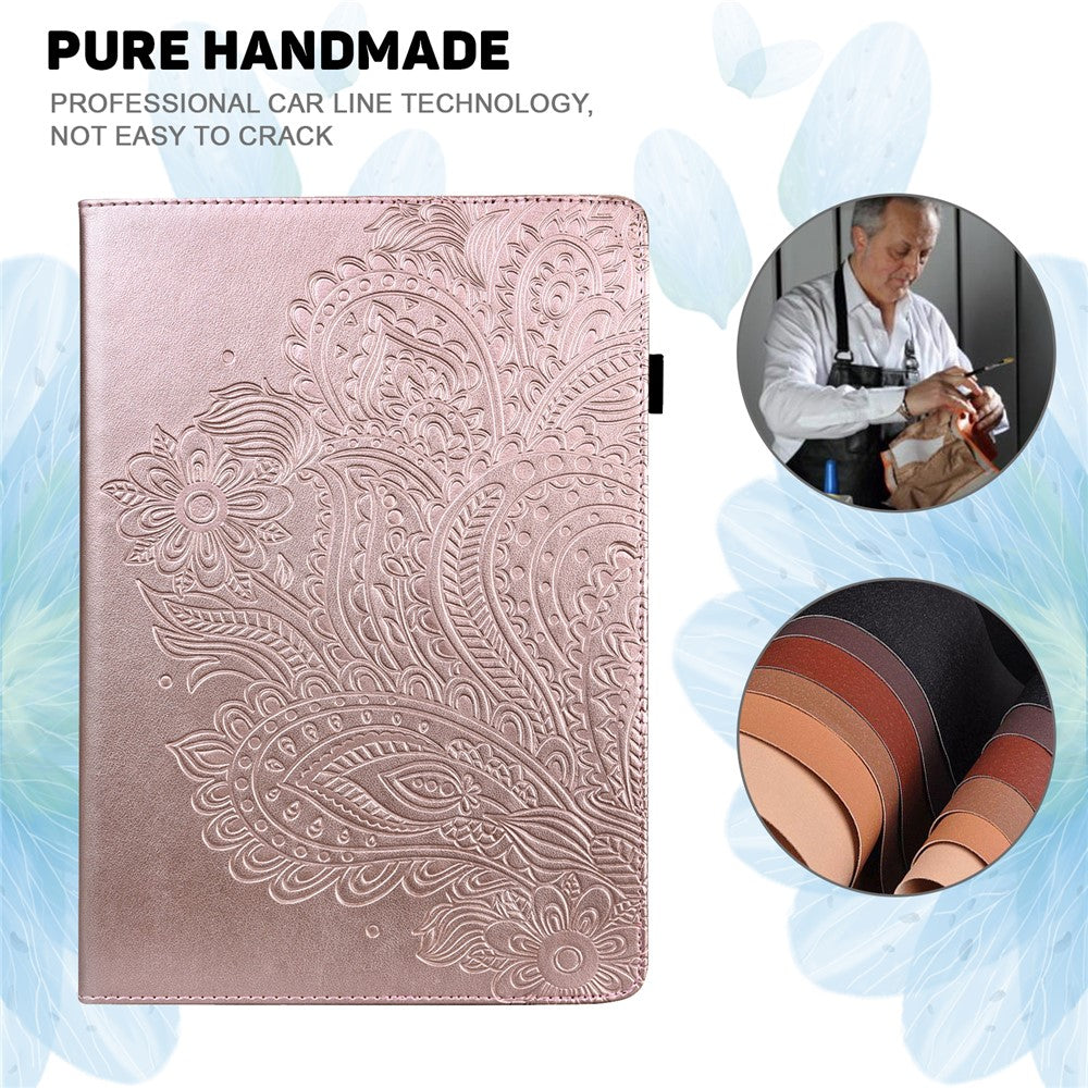 For Lenovo Legion Y700 Elastic Band Anti-fall Imprinting Flower Card Slots Stand Design PU Leather Tablet Cover Case - Rose Gold