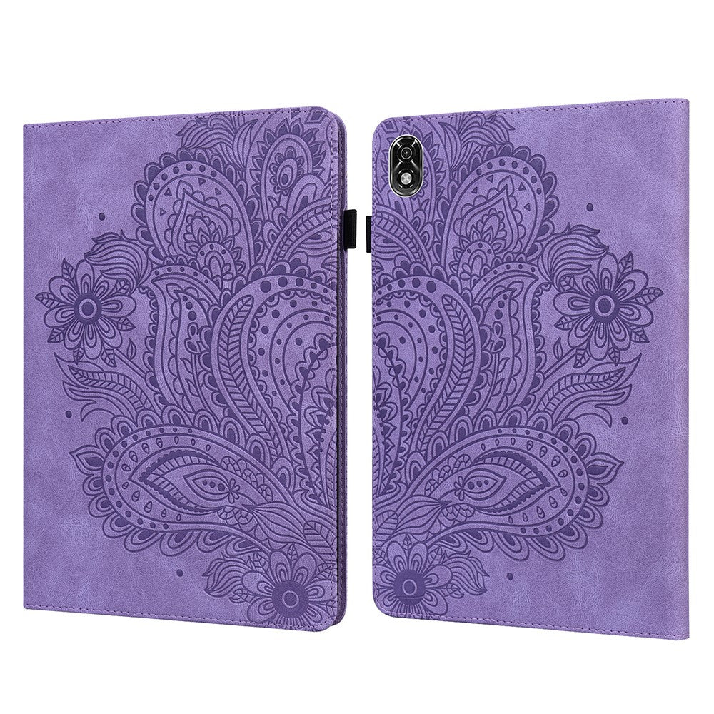 For Lenovo Legion Y700 Elastic Band Anti-fall Imprinting Flower Card Slots Stand Design PU Leather Tablet Cover Case - Purple
