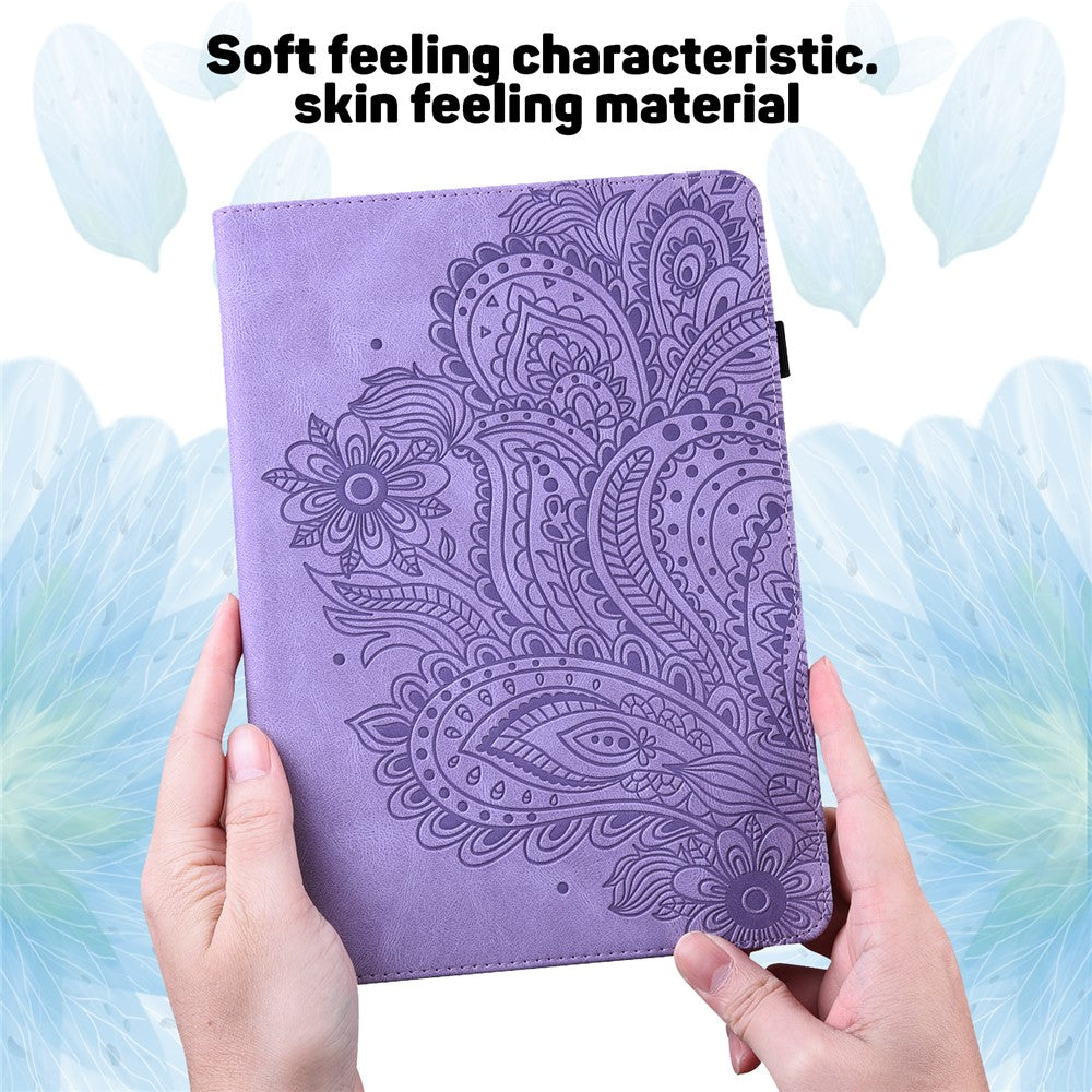 For Lenovo Legion Y700 Elastic Band Anti-fall Imprinting Flower Card Slots Stand Design PU Leather Tablet Cover Case - Purple
