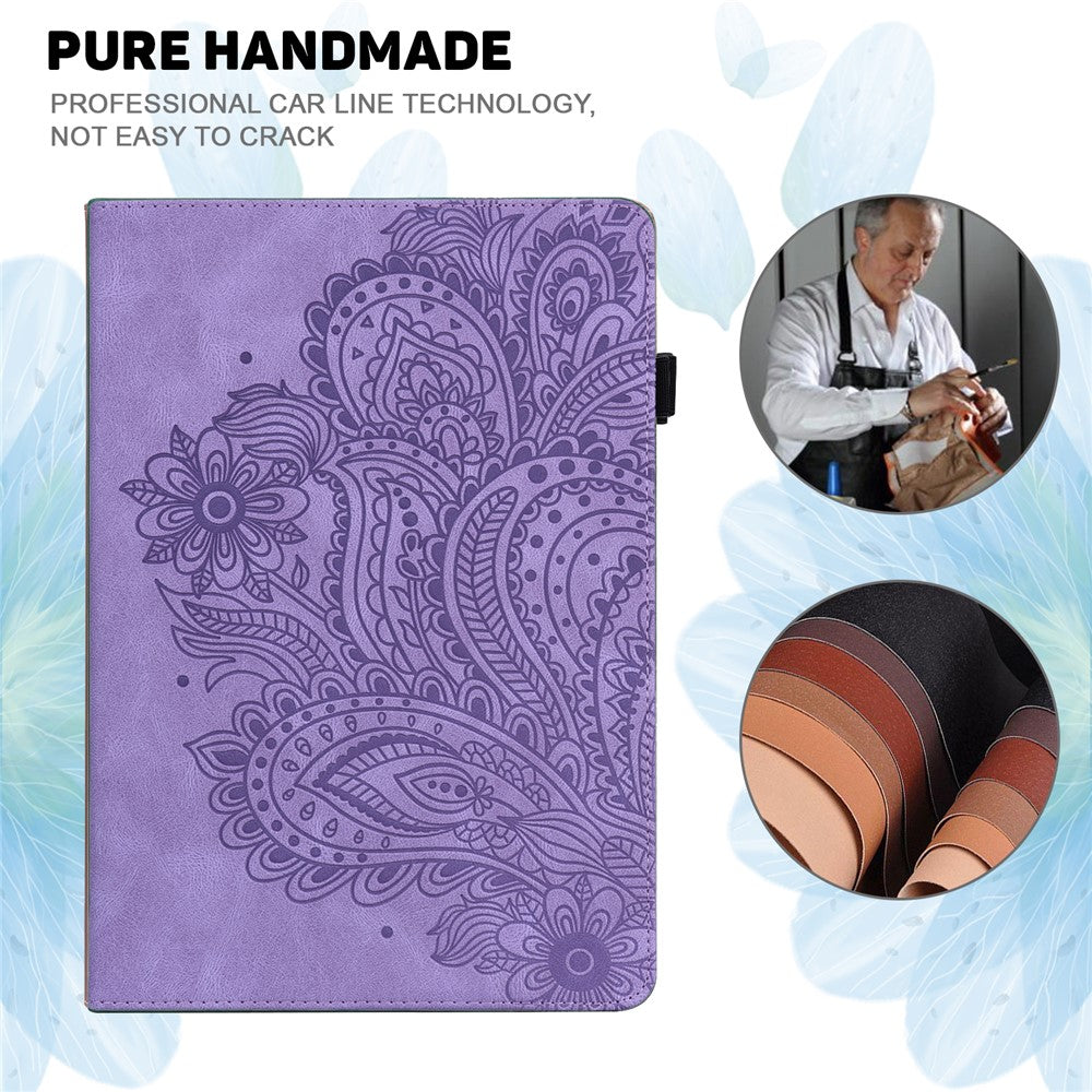 For Lenovo Legion Y700 Elastic Band Anti-fall Imprinting Flower Card Slots Stand Design PU Leather Tablet Cover Case - Purple
