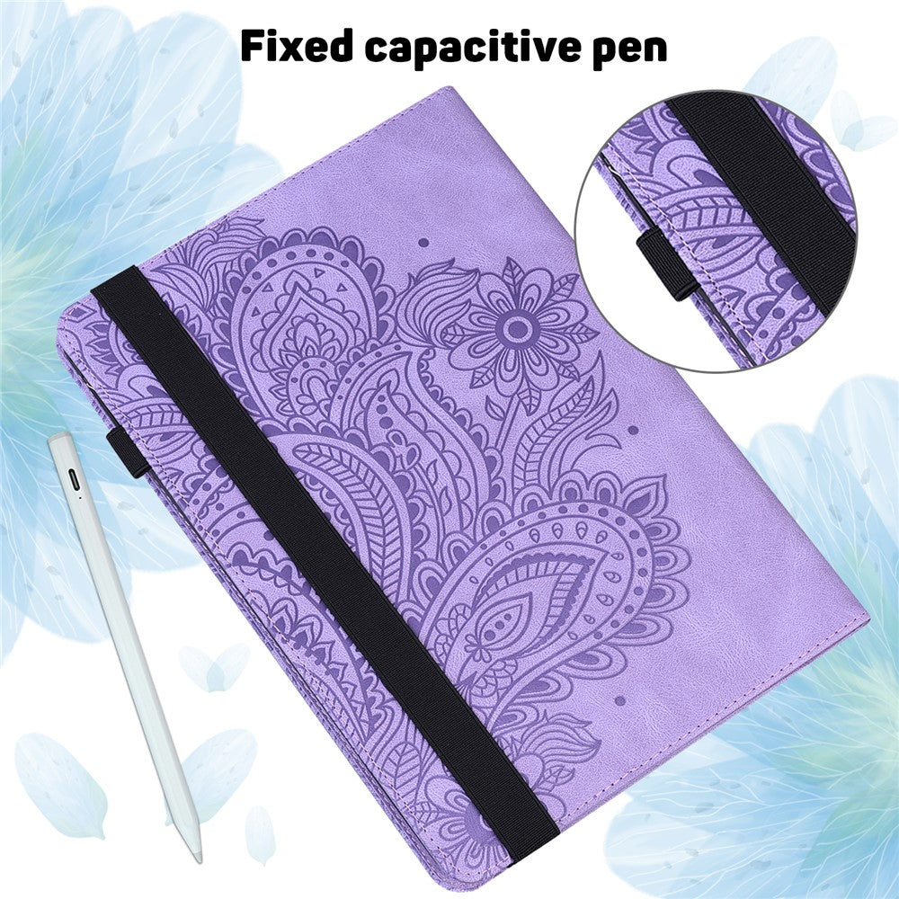 For Lenovo Legion Y700 Elastic Band Anti-fall Imprinting Flower Card Slots Stand Design PU Leather Tablet Cover Case - Purple