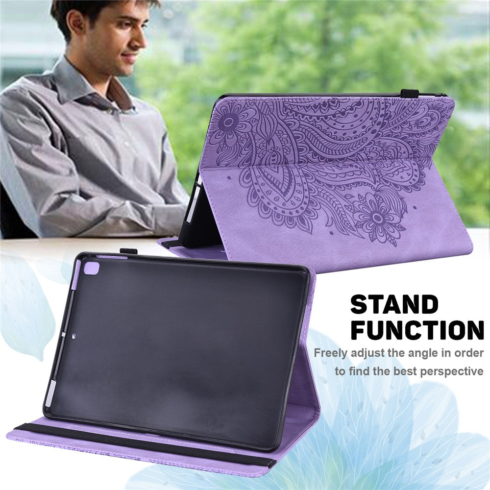 For Lenovo Legion Y700 Elastic Band Anti-fall Imprinting Flower Card Slots Stand Design PU Leather Tablet Cover Case - Purple