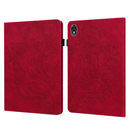 For Lenovo Legion Y700 Elastic Band Anti-fall Imprinting Flower Card Slots Stand Design PU Leather Tablet Cover Case - Red
