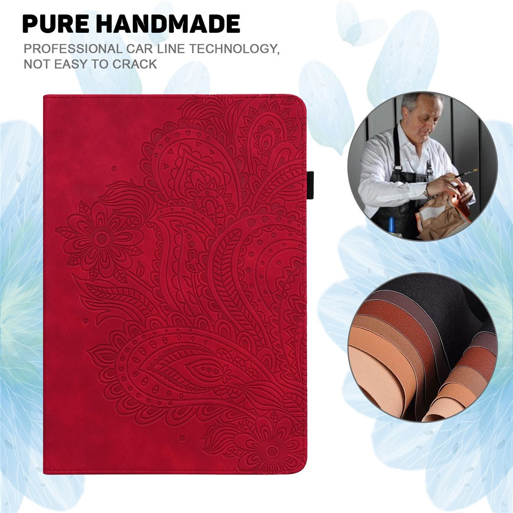 For Lenovo Legion Y700 Elastic Band Anti-fall Imprinting Flower Card Slots Stand Design PU Leather Tablet Cover Case - Red