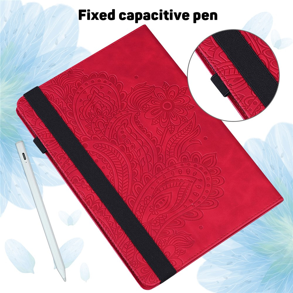 For Lenovo Legion Y700 Elastic Band Anti-fall Imprinting Flower Card Slots Stand Design PU Leather Tablet Cover Case - Red