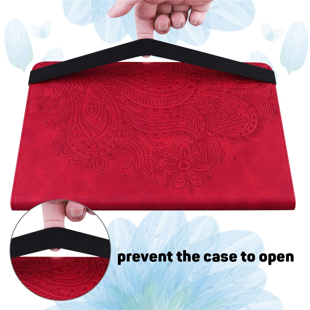 For Lenovo Legion Y700 Elastic Band Anti-fall Imprinting Flower Card Slots Stand Design PU Leather Tablet Cover Case - Red