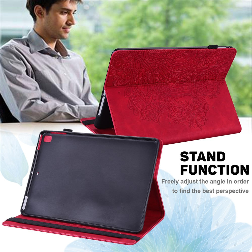 For Lenovo Legion Y700 Elastic Band Anti-fall Imprinting Flower Card Slots Stand Design PU Leather Tablet Cover Case - Red