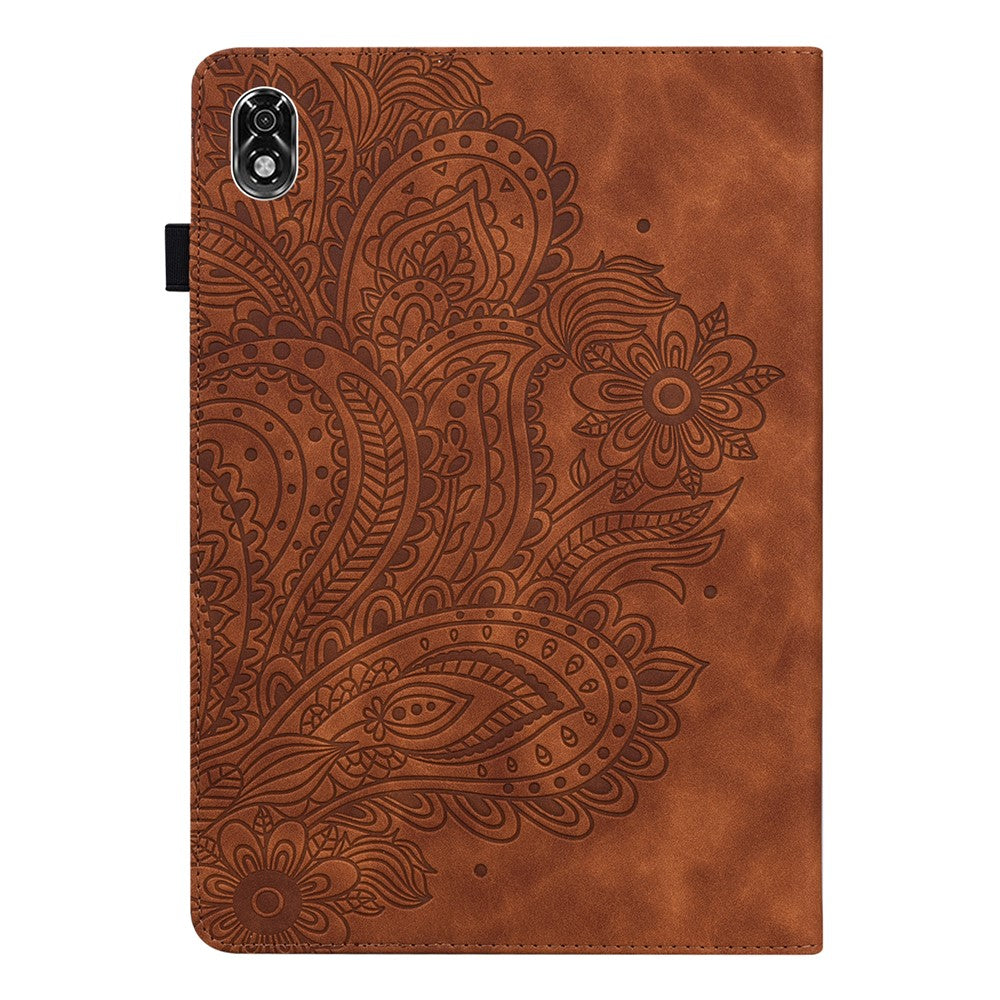 For Lenovo Legion Y700 Elastic Band Anti-fall Imprinting Flower Card Slots Stand Design PU Leather Tablet Cover Case - Brown