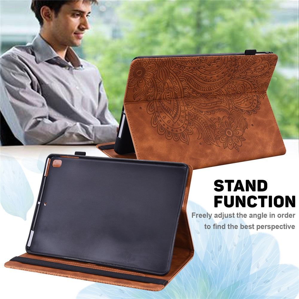 For Lenovo Legion Y700 Elastic Band Anti-fall Imprinting Flower Card Slots Stand Design PU Leather Tablet Cover Case - Brown