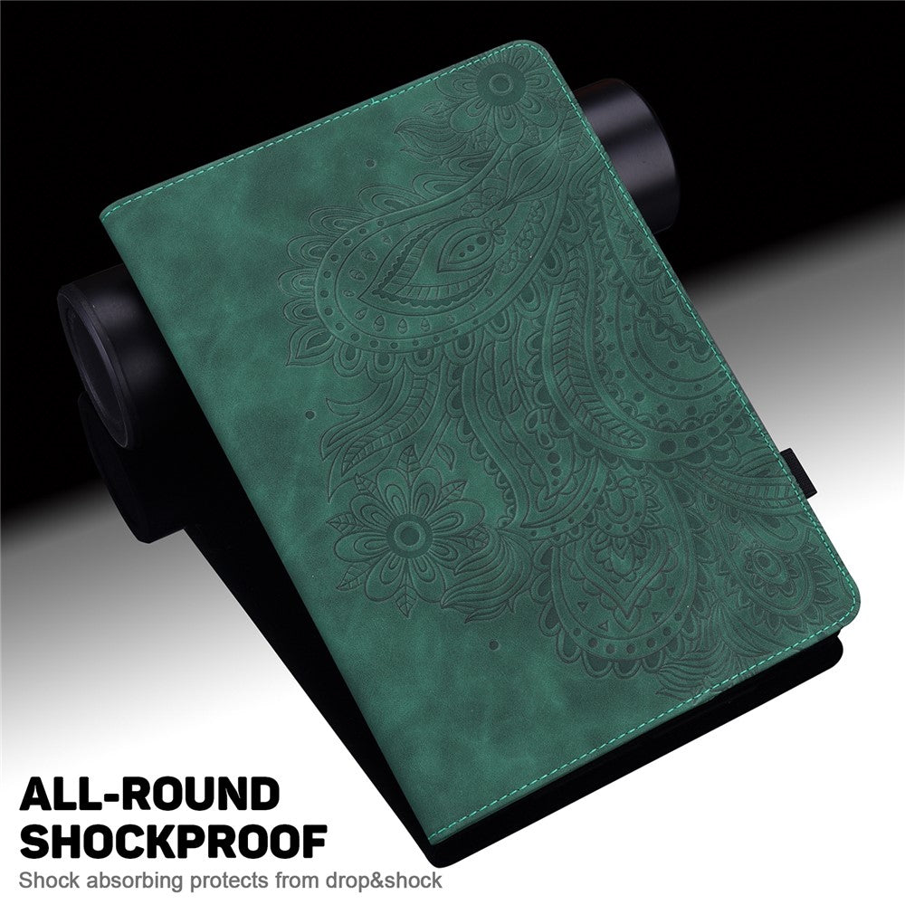 For Lenovo Legion Y700 Elastic Band Anti-fall Imprinting Flower Card Slots Stand Design PU Leather Tablet Cover Case - Green