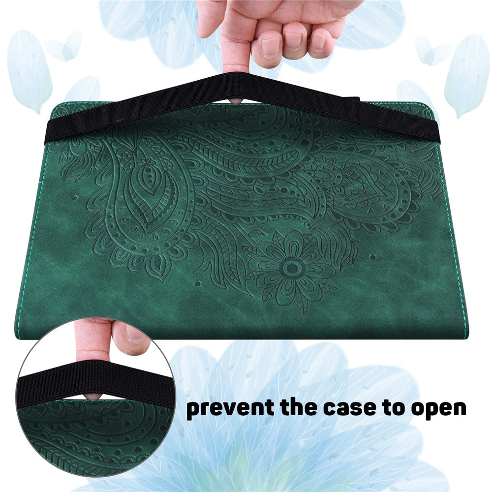 For Lenovo Legion Y700 Elastic Band Anti-fall Imprinting Flower Card Slots Stand Design PU Leather Tablet Cover Case - Green