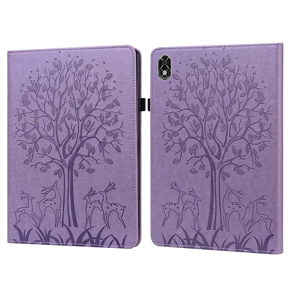 For Lenovo Legion Y700 Elastic Band Design Imprinting Tree Deer Pattern Card Slots Stand Shockproof PU Leather Tablet Cover Case - Purple