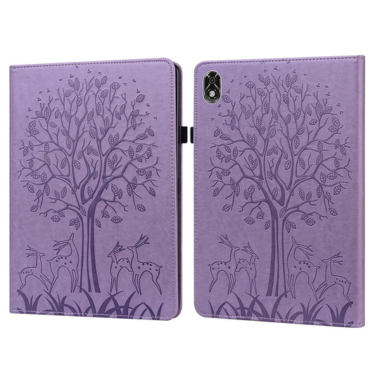 For Lenovo Legion Y700 Elastic Band Design Imprinting Tree Deer Pattern Card Slots Stand Shockproof PU Leather Tablet Cover Case - Purple