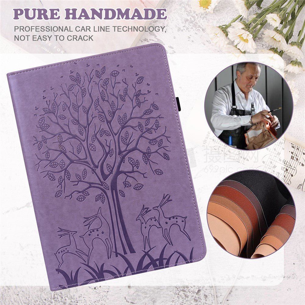 For Lenovo Legion Y700 Elastic Band Design Imprinting Tree Deer Pattern Card Slots Stand Shockproof PU Leather Tablet Cover Case - Purple