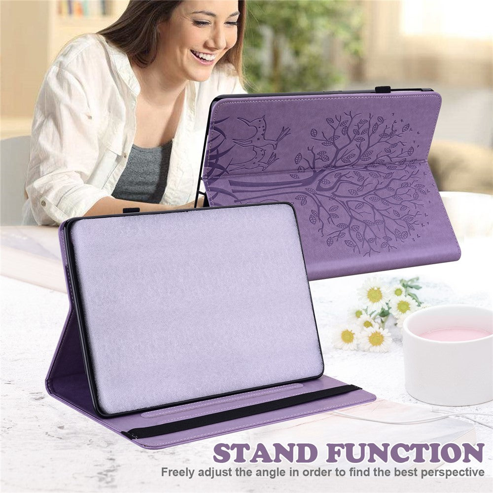 For Lenovo Legion Y700 Elastic Band Design Imprinting Tree Deer Pattern Card Slots Stand Shockproof PU Leather Tablet Cover Case - Purple