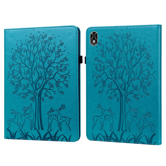 For Lenovo Legion Y700 Elastic Band Design Imprinting Tree Deer Pattern Card Slots Stand Shockproof PU Leather Tablet Cover Case - Blue