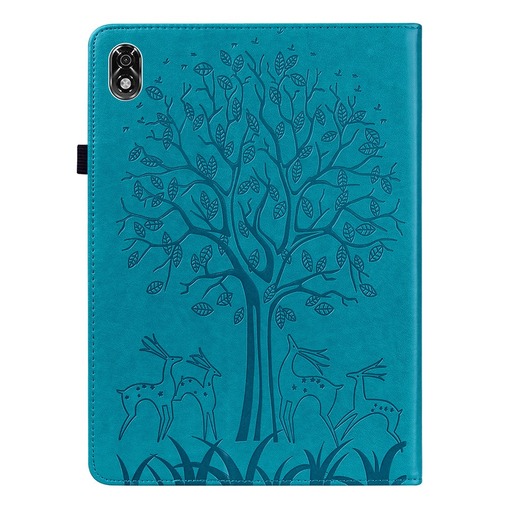 For Lenovo Legion Y700 Elastic Band Design Imprinting Tree Deer Pattern Card Slots Stand Shockproof PU Leather Tablet Cover Case - Blue