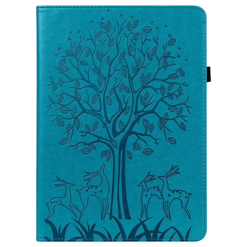 For Lenovo Legion Y700 Elastic Band Design Imprinting Tree Deer Pattern Card Slots Stand Shockproof PU Leather Tablet Cover Case - Blue
