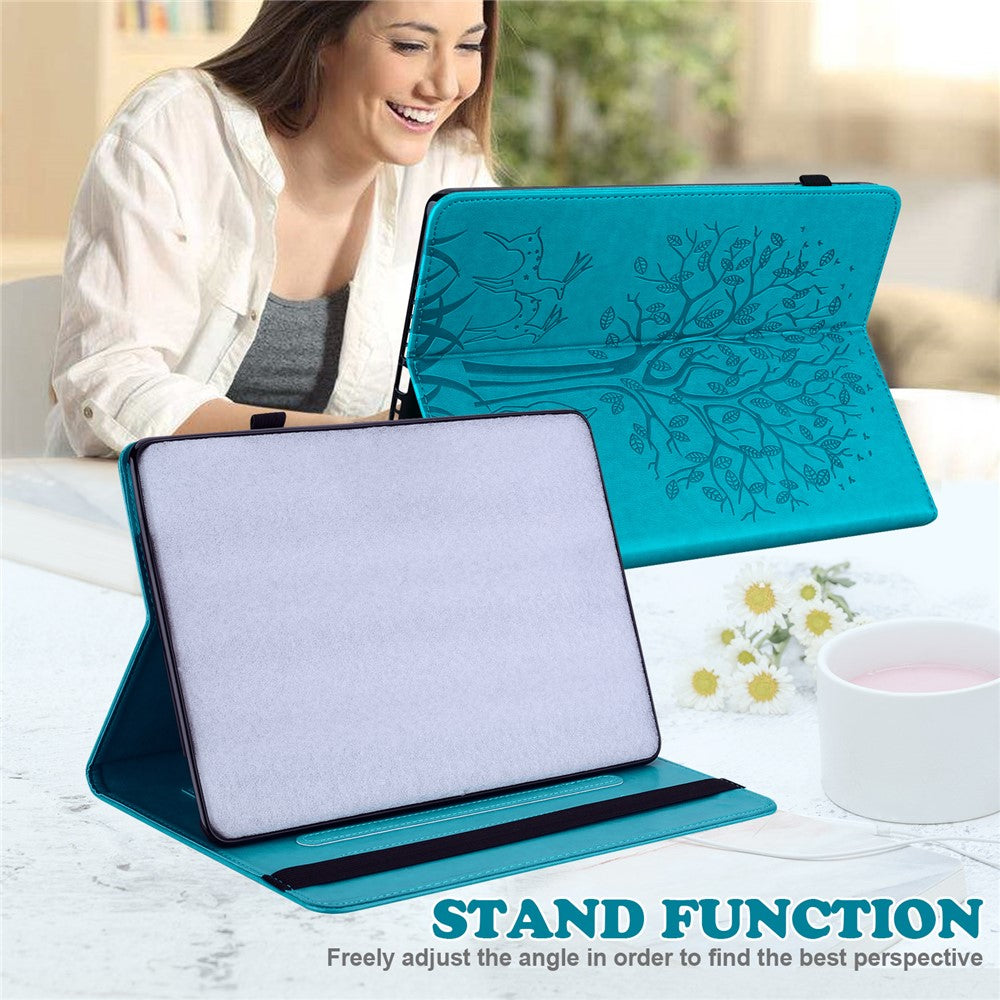 For Lenovo Legion Y700 Elastic Band Design Imprinting Tree Deer Pattern Card Slots Stand Shockproof PU Leather Tablet Cover Case - Blue