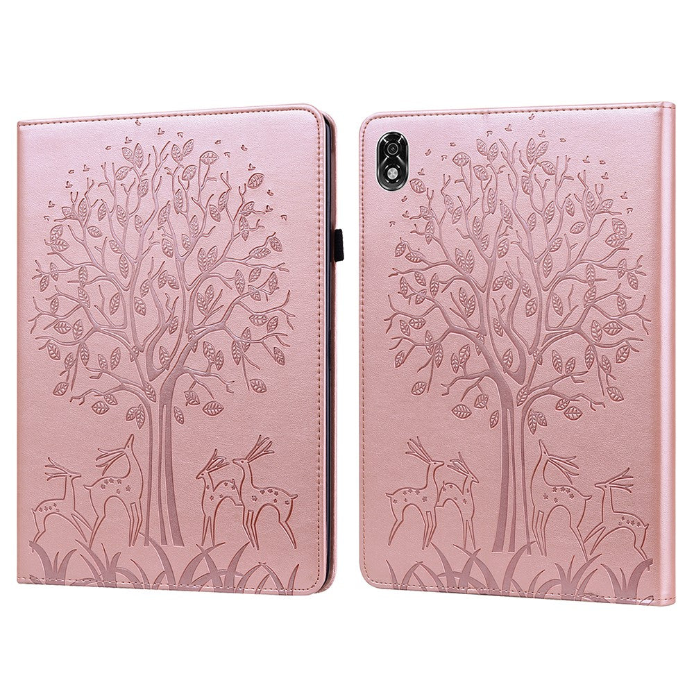 For Lenovo Legion Y700 Elastic Band Design Imprinting Tree Deer Pattern Card Slots Stand Shockproof PU Leather Tablet Cover Case - Rose Gold
