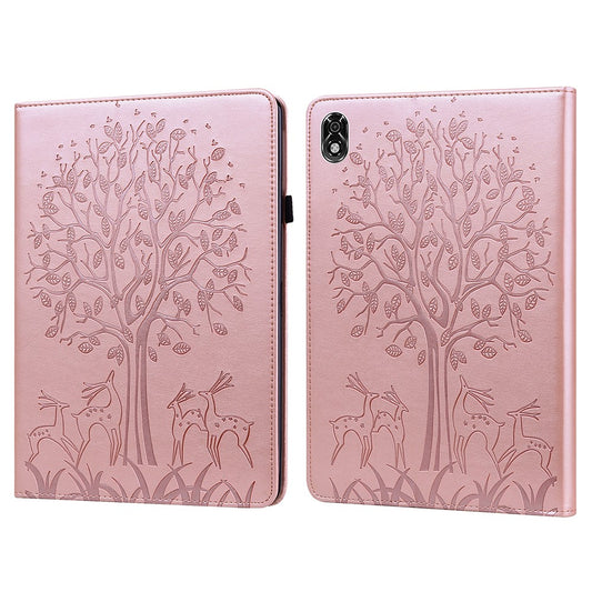 For Lenovo Legion Y700 Elastic Band Design Imprinting Tree Deer Pattern Card Slots Stand Shockproof PU Leather Tablet Cover Case - Rose Gold