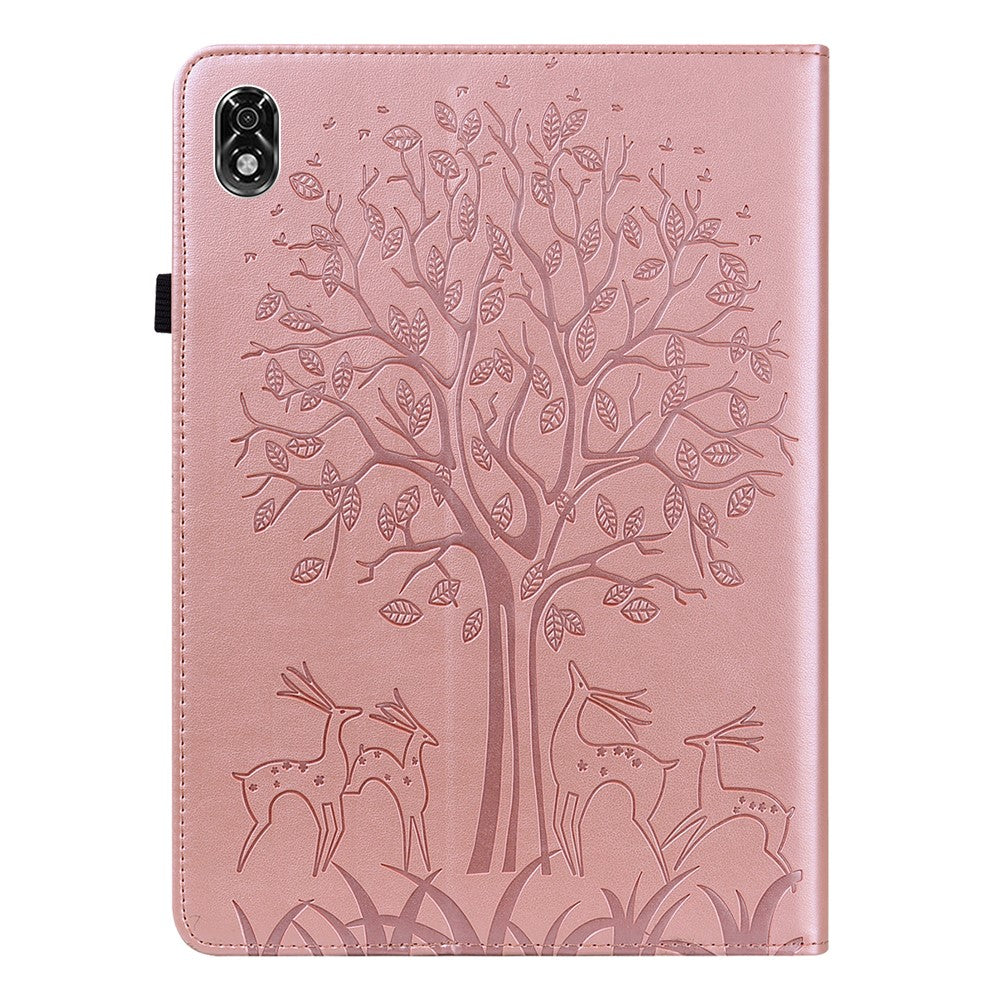 For Lenovo Legion Y700 Elastic Band Design Imprinting Tree Deer Pattern Card Slots Stand Shockproof PU Leather Tablet Cover Case - Rose Gold