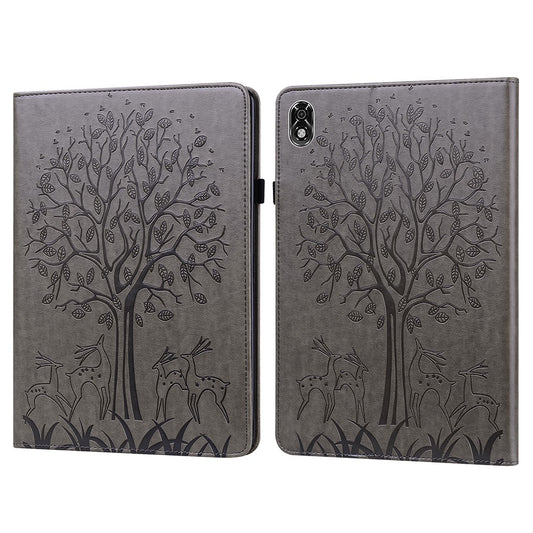For Lenovo Legion Y700 Elastic Band Design Imprinting Tree Deer Pattern Card Slots Stand Shockproof PU Leather Tablet Cover Case - Grey
