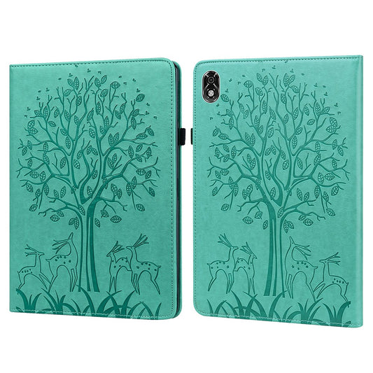For Lenovo Legion Y700 Elastic Band Design Imprinting Tree Deer Pattern Card Slots Stand Shockproof PU Leather Tablet Cover Case - Green