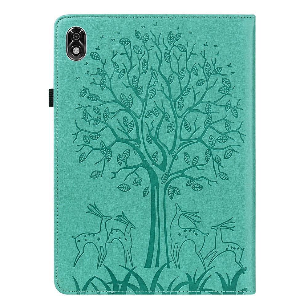 For Lenovo Legion Y700 Elastic Band Design Imprinting Tree Deer Pattern Card Slots Stand Shockproof PU Leather Tablet Cover Case - Green
