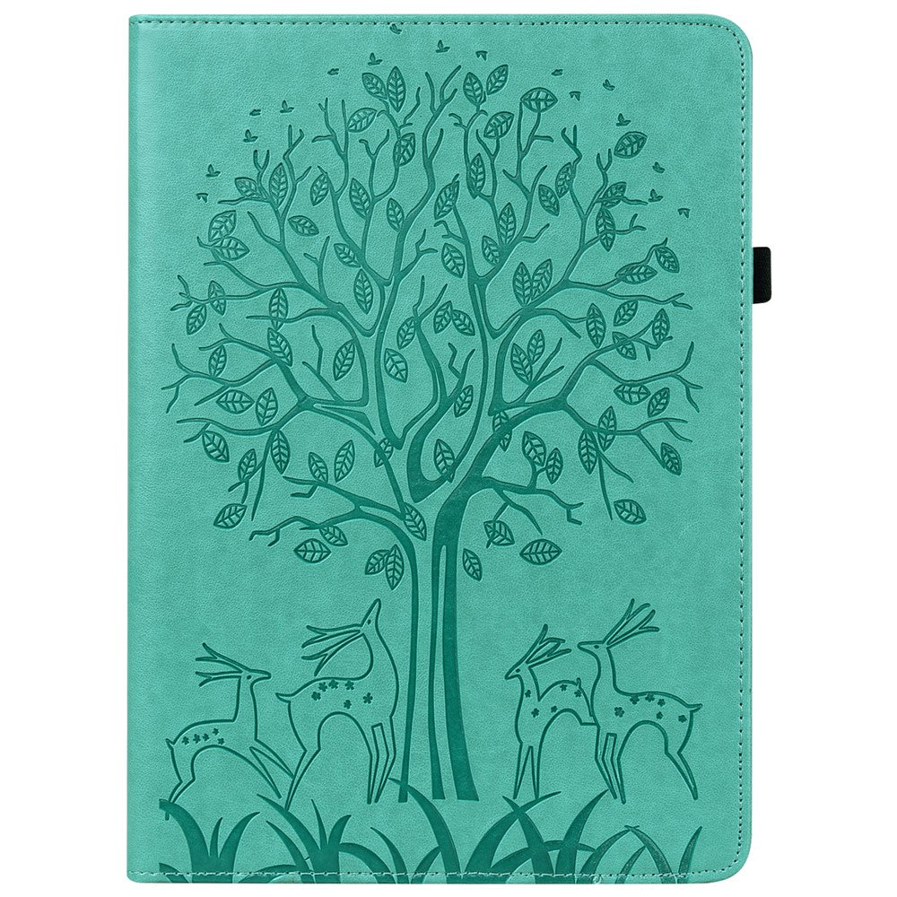 For Lenovo Legion Y700 Elastic Band Design Imprinting Tree Deer Pattern Card Slots Stand Shockproof PU Leather Tablet Cover Case - Green