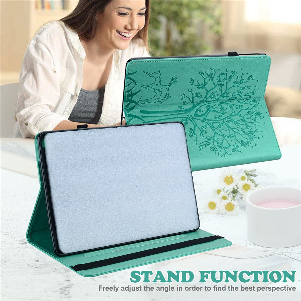 For Lenovo Legion Y700 Elastic Band Design Imprinting Tree Deer Pattern Card Slots Stand Shockproof PU Leather Tablet Cover Case - Green