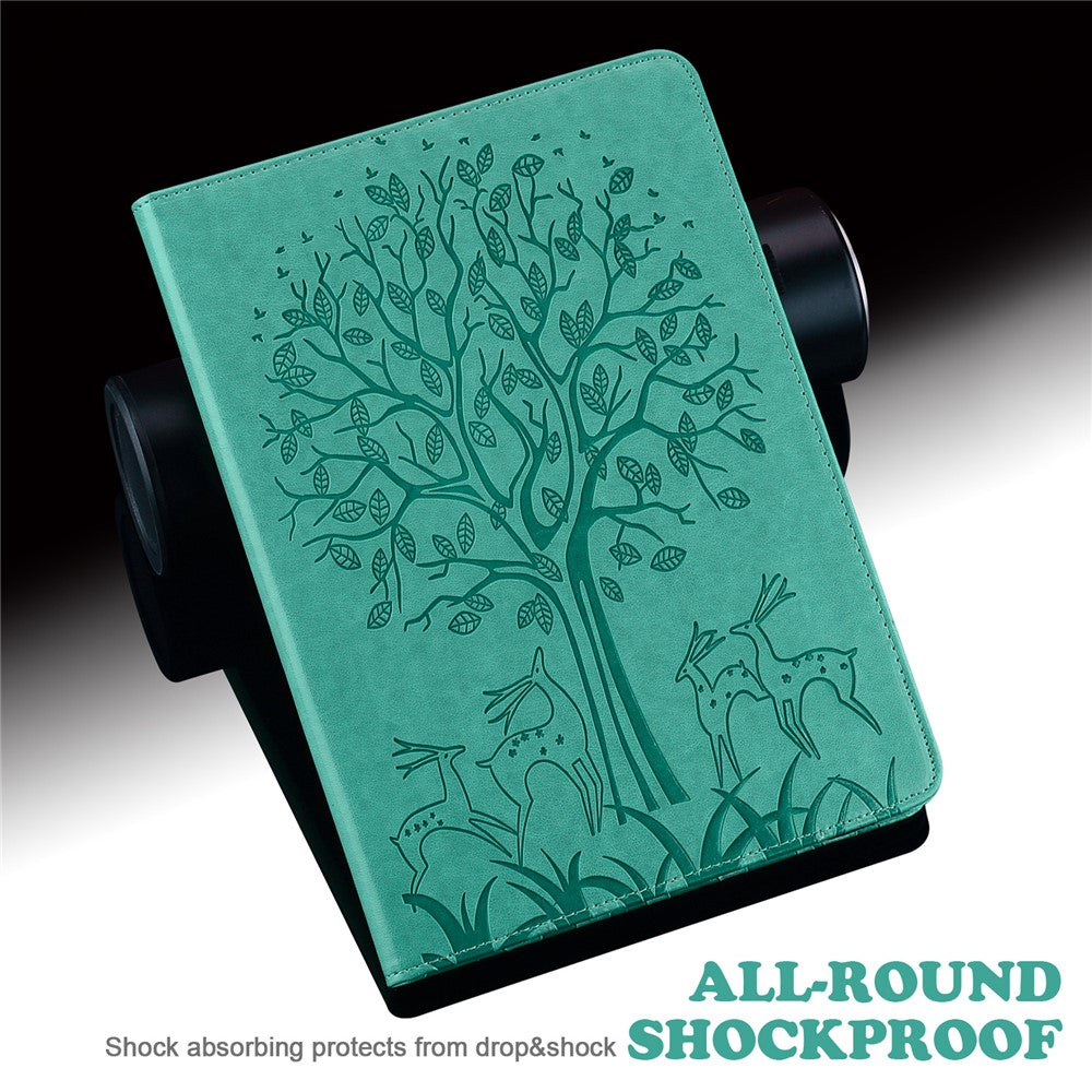 For Lenovo Legion Y700 Elastic Band Design Imprinting Tree Deer Pattern Card Slots Stand Shockproof PU Leather Tablet Cover Case - Green