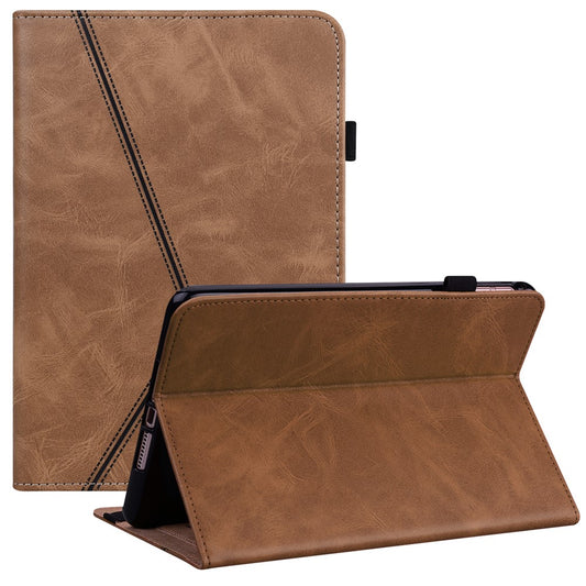 For Lenovo Legion Y700 Line Imprinted Adjustable Stand PU Leather Auto Wake/Sleep Drop-proof Tablet Case with Card Slots - Brown