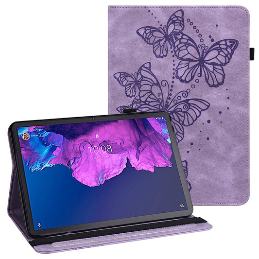 For Lenovo Tab P11 Plus Imprinting Butterflies Leather Built-in Card Slots Tablet Smart Cover Auto Wake/Sleep Stand Tablet Case - Purple