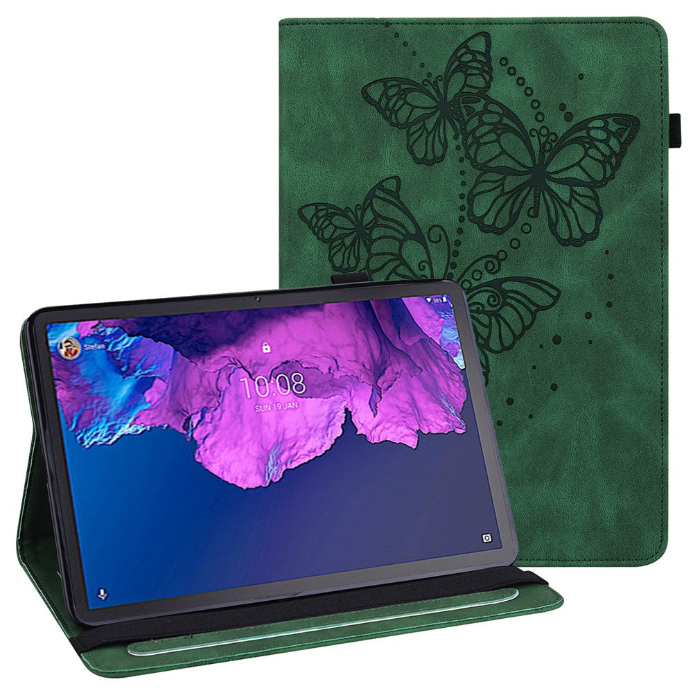 For Lenovo Tab P11 Plus Imprinting Butterflies Leather Built-in Card Slots Tablet Smart Cover Auto Wake/Sleep Stand Tablet Case - Green