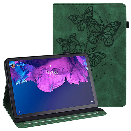 For Lenovo Tab P11 Plus Imprinting Butterflies Leather Built-in Card Slots Tablet Smart Cover Auto Wake/Sleep Stand Tablet Case - Green