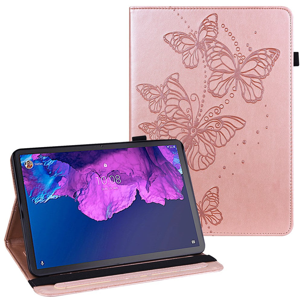 For Lenovo Tab P11 Plus Imprinting Butterflies Leather Built-in Card Slots Tablet Smart Cover Auto Wake/Sleep Stand Tablet Case - Rose Gold