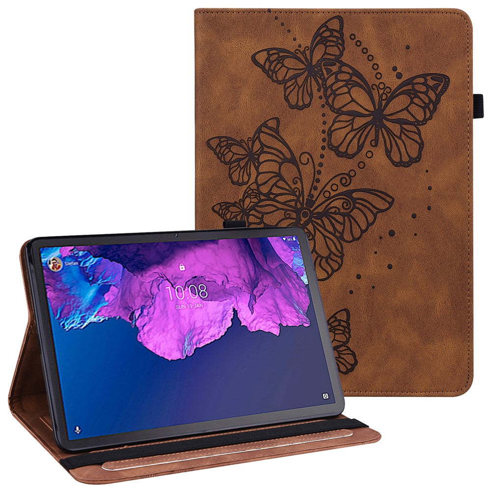 For Lenovo Tab P11 Plus Imprinting Butterflies Leather Built-in Card Slots Tablet Smart Cover Auto Wake/Sleep Stand Tablet Case - Brown