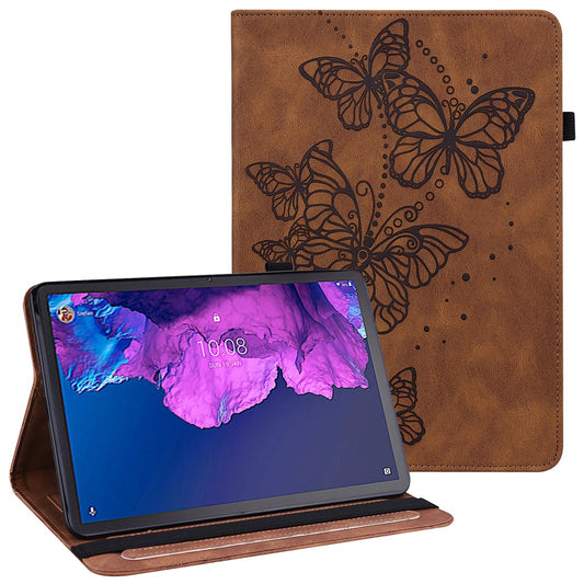 For Lenovo Tab P11 Plus Imprinting Butterflies Leather Built-in Card Slots Tablet Smart Cover Auto Wake/Sleep Stand Tablet Case - Brown