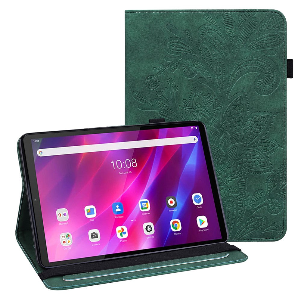 For Lenovo Tab K10 (TB-X6C6F TB-X6C6L TB-X6C6X) (2021) Flower Imprinting Auto Wake/Sleep Tablet Cover Stand Wallet Anti-drop Leather Case - Green