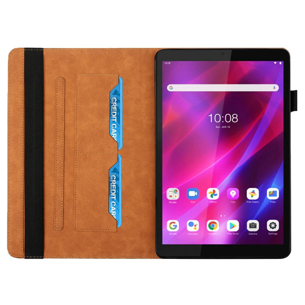 For Lenovo Tab M8 (3rd Gen)/Motorola Tab G20 Rhombus Imprinting Design Elastic Band Anti-scratch Leather Folding Stand Case with Card Slots - Brown