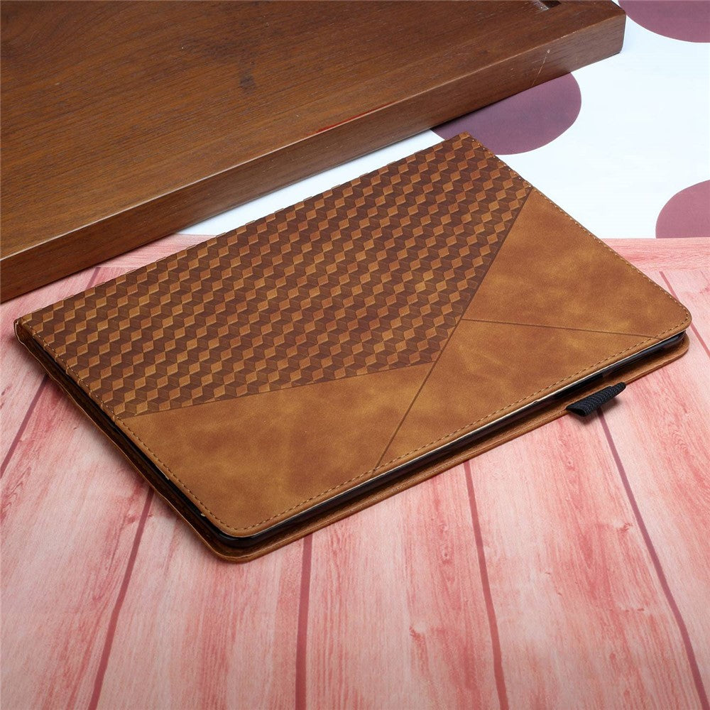 For Lenovo Tab M8 (3rd Gen)/Motorola Tab G20 Rhombus Imprinting Design Elastic Band Anti-scratch Leather Folding Stand Case with Card Slots - Brown