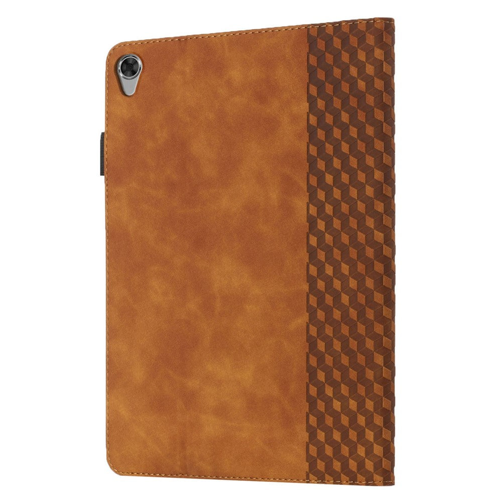 For Lenovo Tab M8 (3rd Gen)/Motorola Tab G20 Rhombus Imprinting Design Elastic Band Anti-scratch Leather Folding Stand Case with Card Slots - Brown