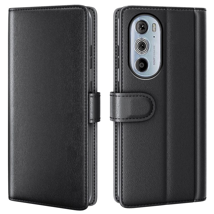 For Motorola Edge 30 Pro Phone Wallet Case Split Genuine Leather Stand Function Magnetic Flip Cover - Black
