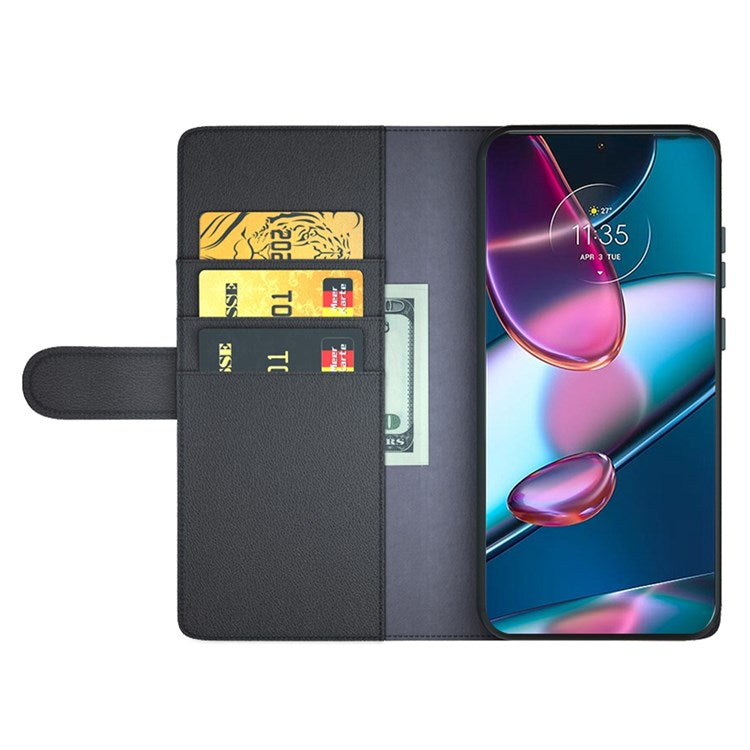 For Motorola Edge 30 Pro Phone Wallet Case Split Genuine Leather Stand Function Magnetic Flip Cover - Black