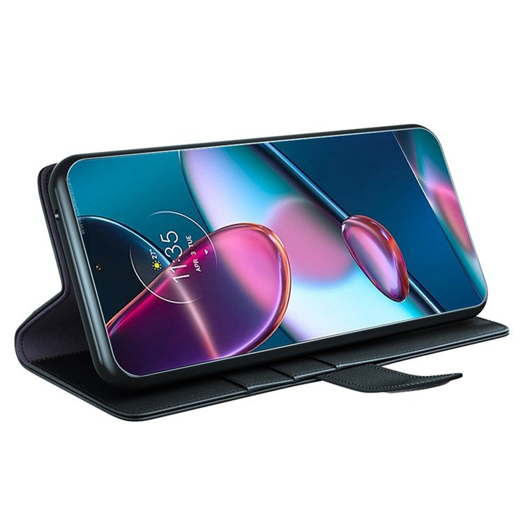 For Motorola Edge 30 Pro Phone Wallet Case Split Genuine Leather Stand Function Magnetic Flip Cover - Black