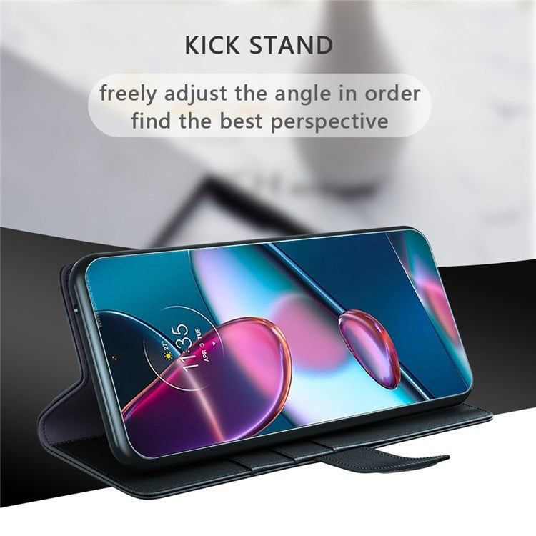 For Motorola Edge 30 Pro Phone Wallet Case Split Genuine Leather Stand Function Magnetic Flip Cover - Black