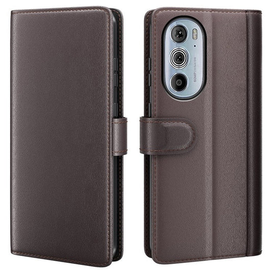 For Motorola Edge 30 Pro Phone Wallet Case Split Genuine Leather Stand Function Magnetic Flip Cover - Brown